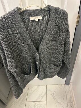 NWOT LOFT grey sparkle cardigan sweater with rhinestone buttons.